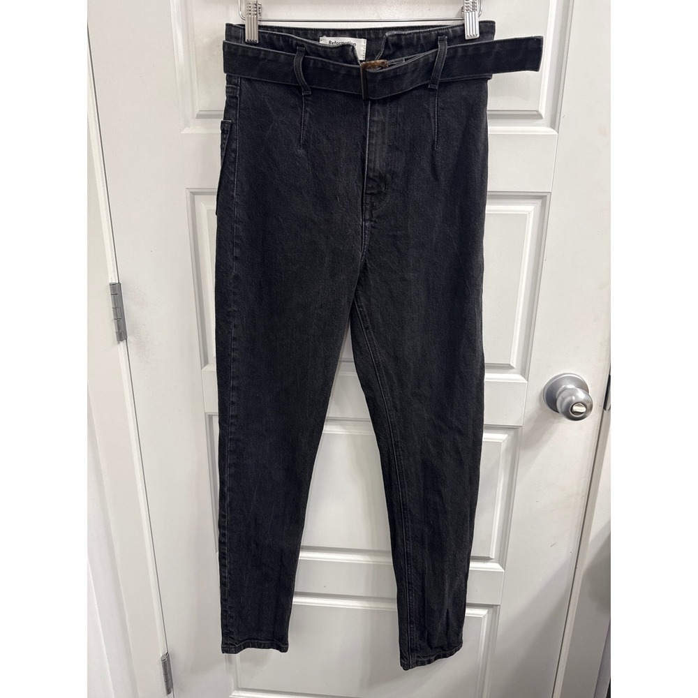 Reformation Jeans Belted High Rise Tapered Denim Washed Black Size 26